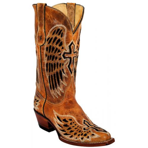 Ferrini Ladies 83061-15 Antique Saddle / Black Genuine Leather Cowgirl Boots